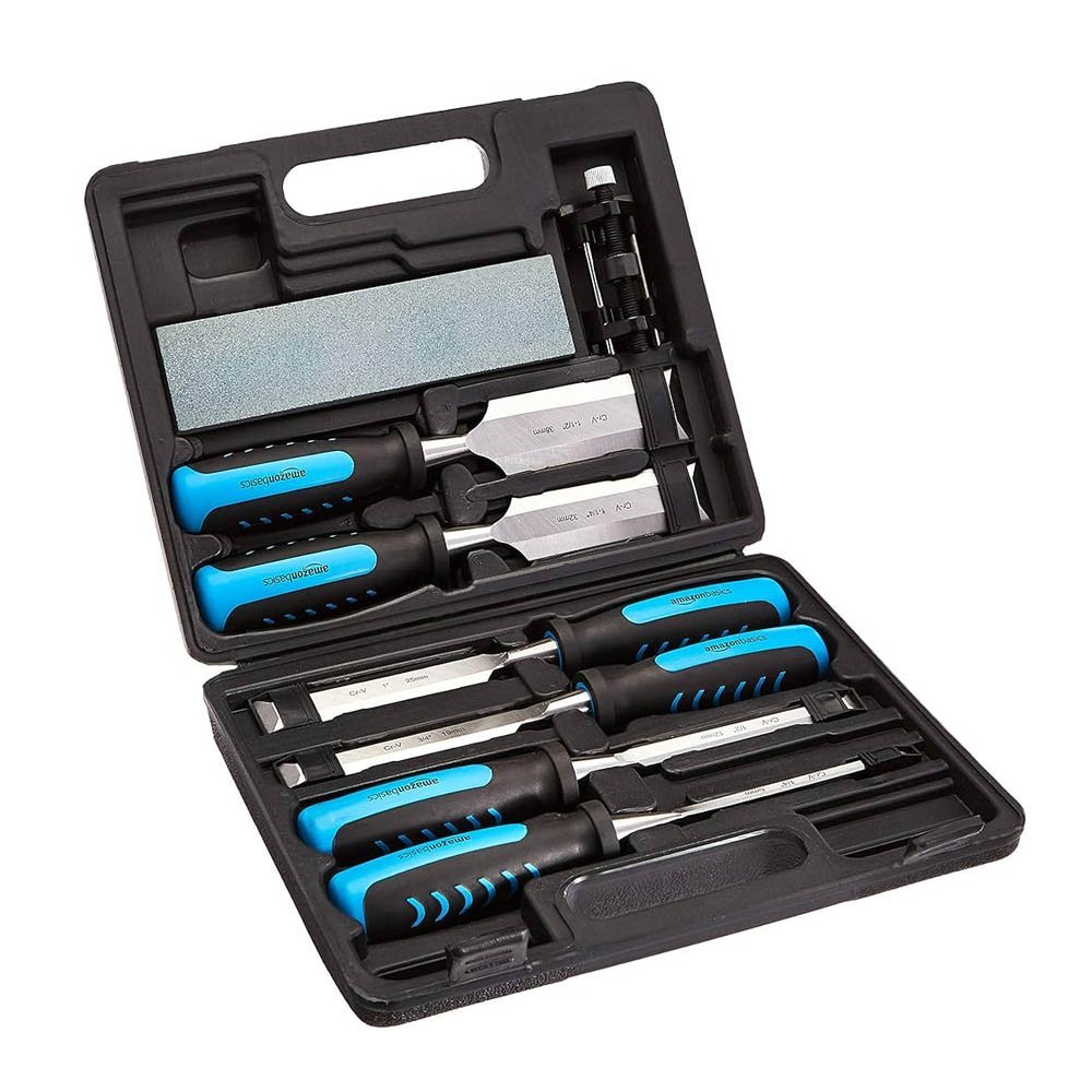 Amazon Basics 8-Piece Woodworking Wood Chisel Set for Carving with Honing Guide, Sharpening Stone, and Storage Case, 1/4" - 1-1/2"