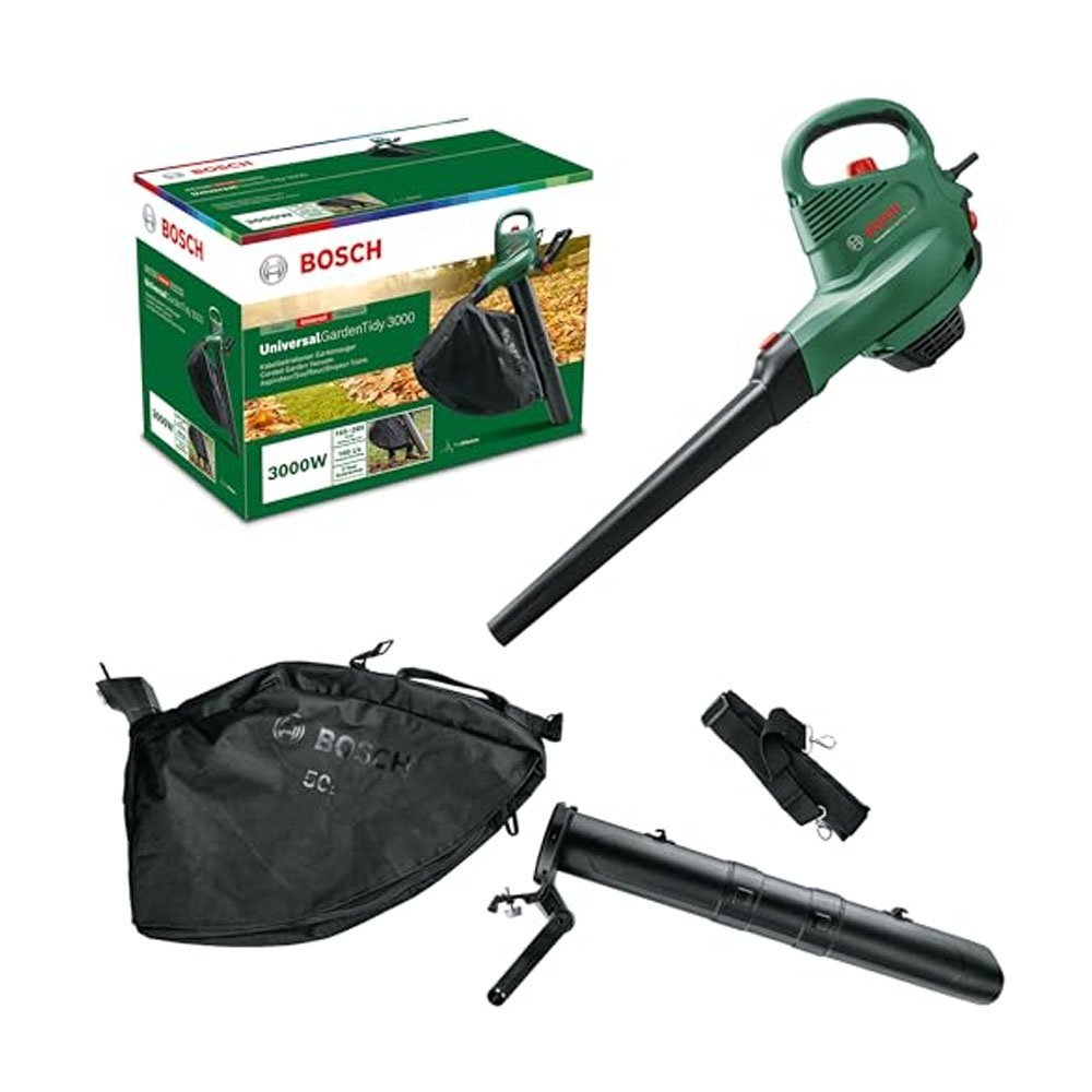 Bosch 06008B1071 Electric Leaf Blower and Vacuum UniversalGardenTidy 3000 (3000 W, 50 L Collection Bag, Variable Speed, Blowing, Vacuuming, Shredding)