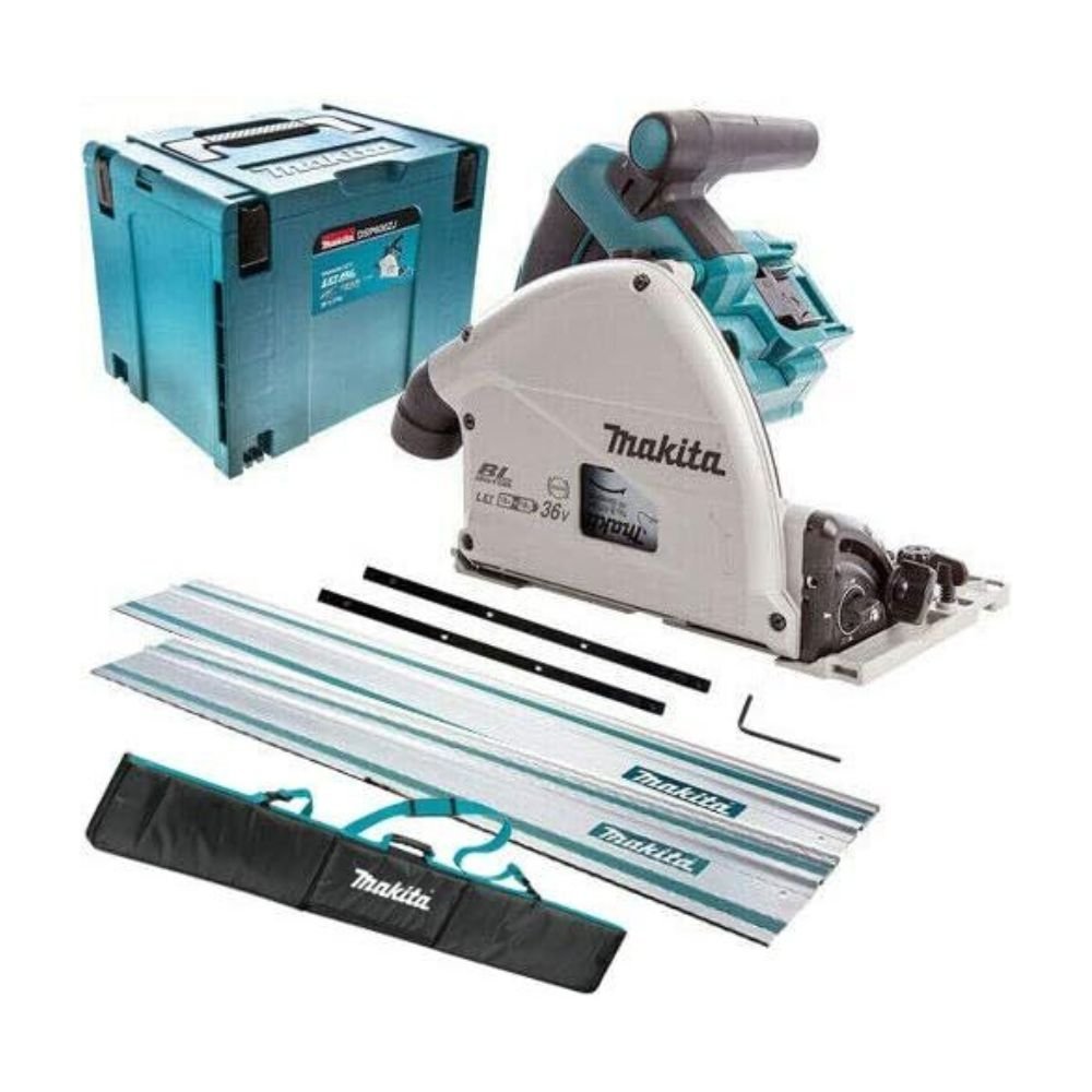 Makita DSP600ZJ Twin 18V Brushless Plunge Saw in Case with 2 x Guide Rail, Connector & Bag